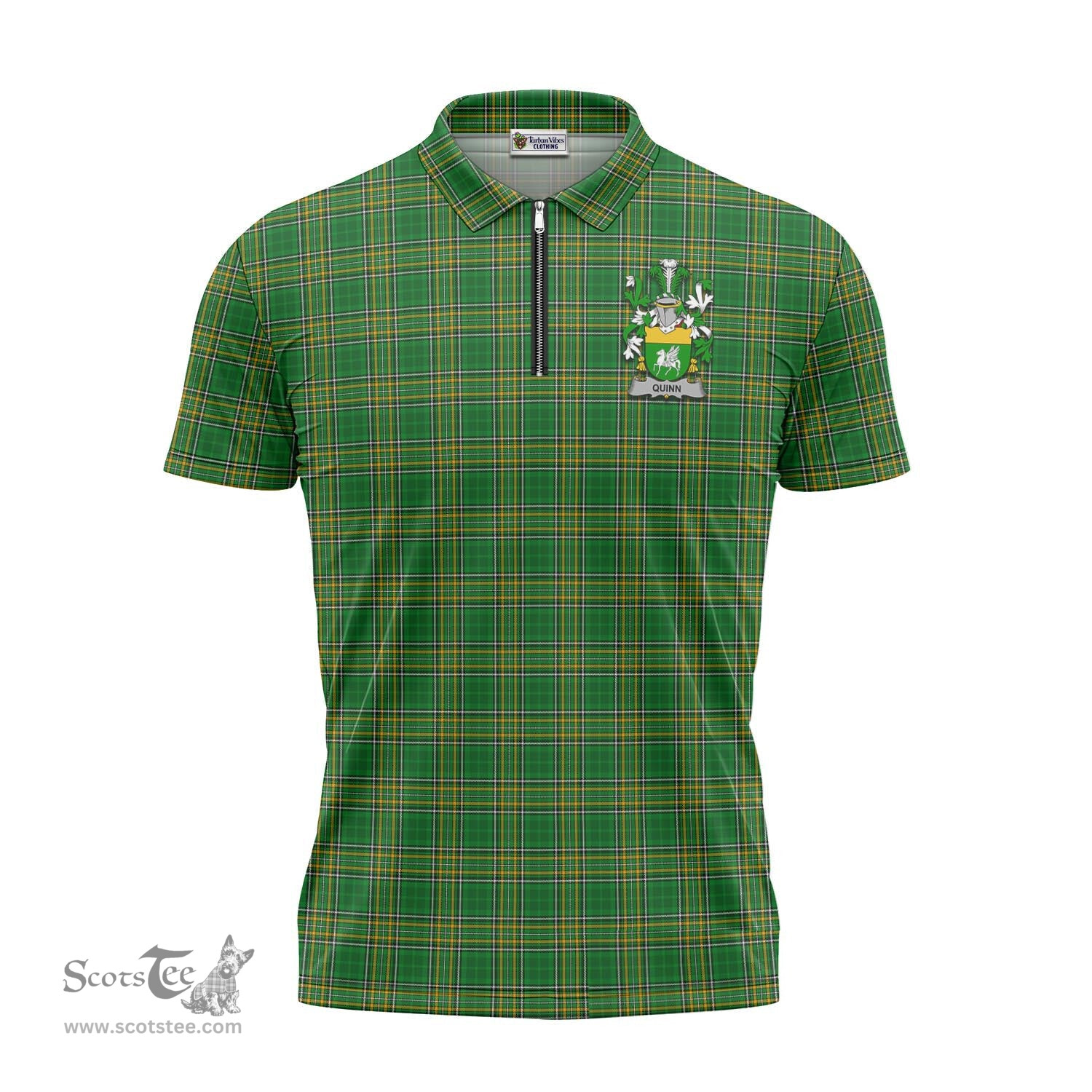 ScotsTee Shop Irish Quinn Coat of Arms Family Crest Ireland Mens Zipper Polo Shirt Irish National Tartan Irish Zipper Polo Shirt