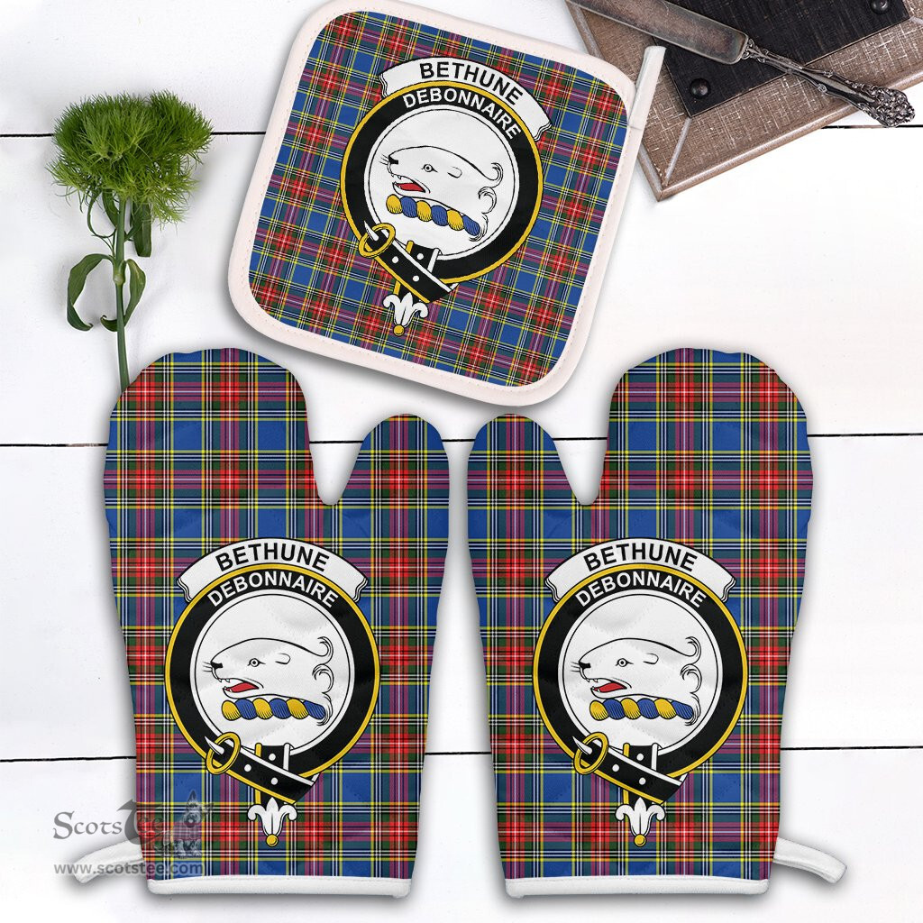 Scottish Bethune Clan Crest Tartan Oven Mitt And Pot Holder Set (2 Oven Mitts + 1 Pot Holder)