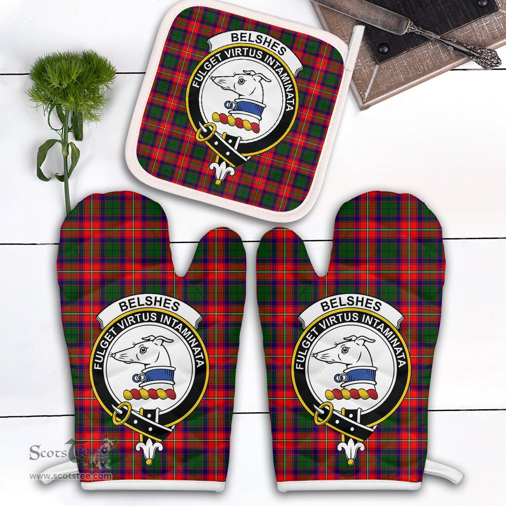 Scottish Belshes Clan Crest Tartan Oven Mitt And Pot Holder Set (2 Oven Mitts + 1 Pot Holder)