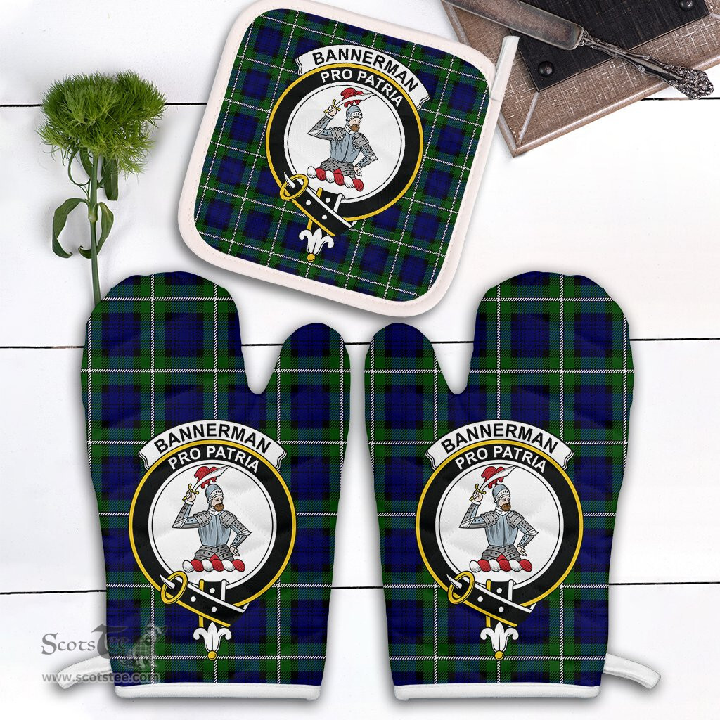 Scottish Bannerman Clan Crest Tartan Oven Mitt And Pot Holder Set (2 Oven Mitts + 1 Pot Holder)
