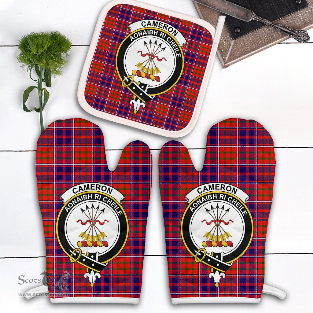 Scottish Cameron Of Lochiel Modern Clan Crest Tartan Oven Mitt And Pot Holder Set (2 Oven Mitts + 1 Pot Holder)