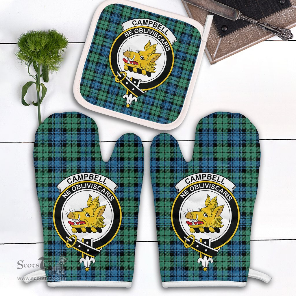 Scottish Campbell Ancient 01 Clan Crest Tartan Oven Mitt And Pot Holder Set (2 Oven Mitts + 1 Pot Holder)