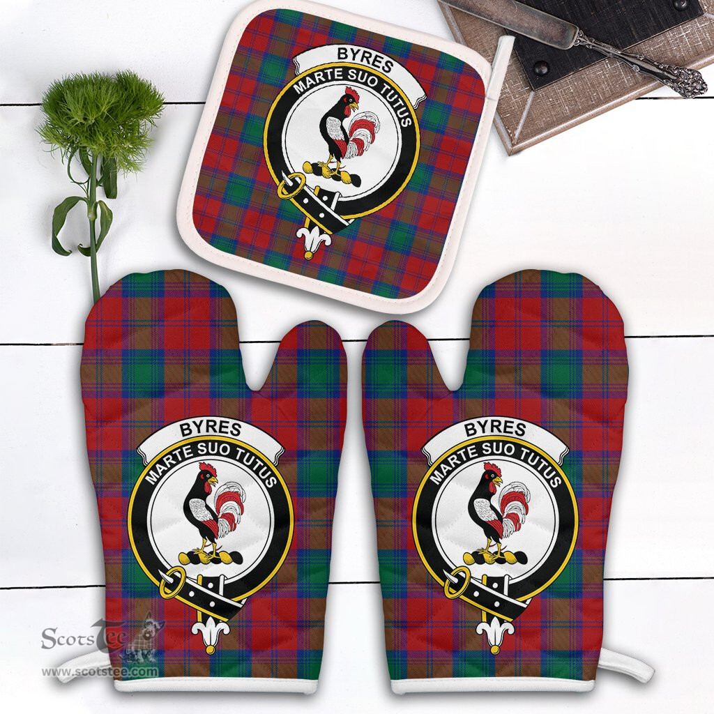 Scottish Byres Clan Crest Tartan Oven Mitt And Pot Holder Set (2 Oven Mitts + 1 Pot Holder)