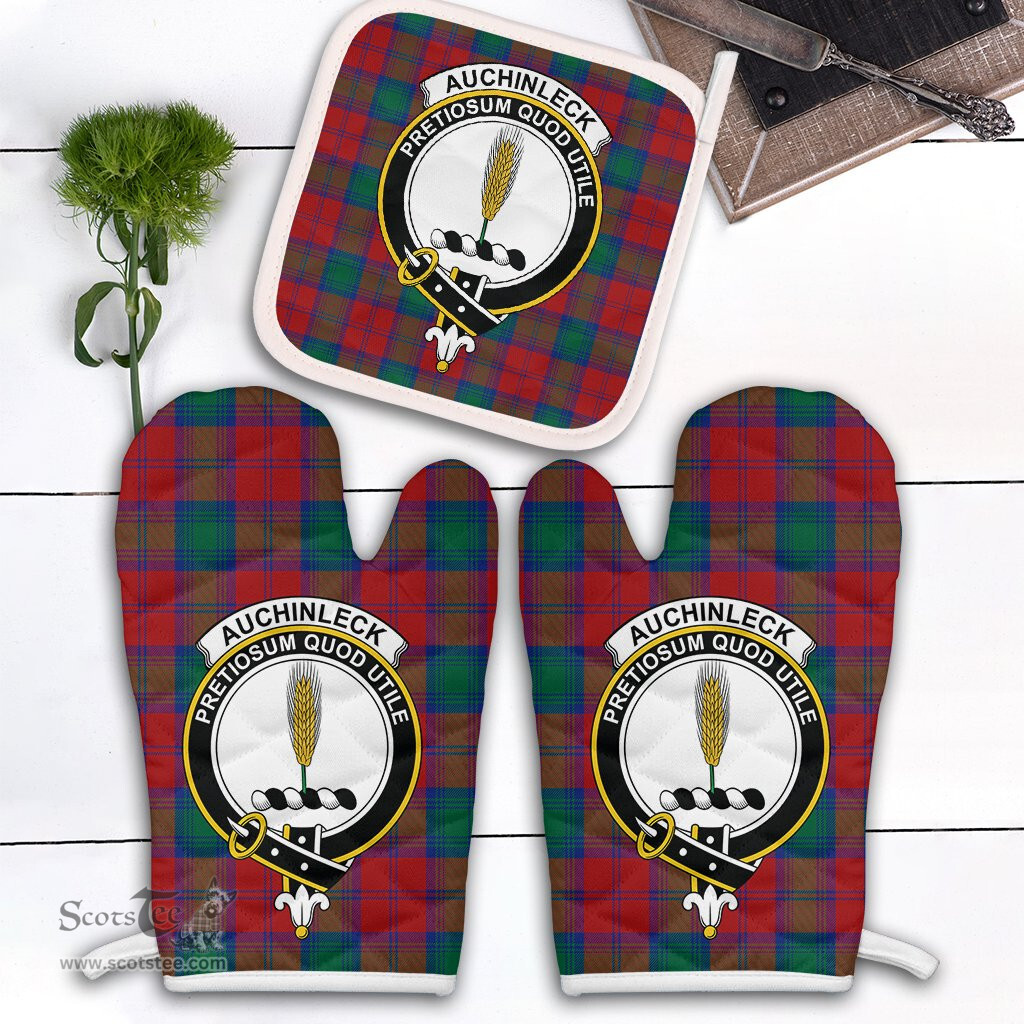 Scottish Auchinleck Clan Crest Tartan Oven Mitt And Pot Holder Set (2 Oven Mitts + 1 Pot Holder)