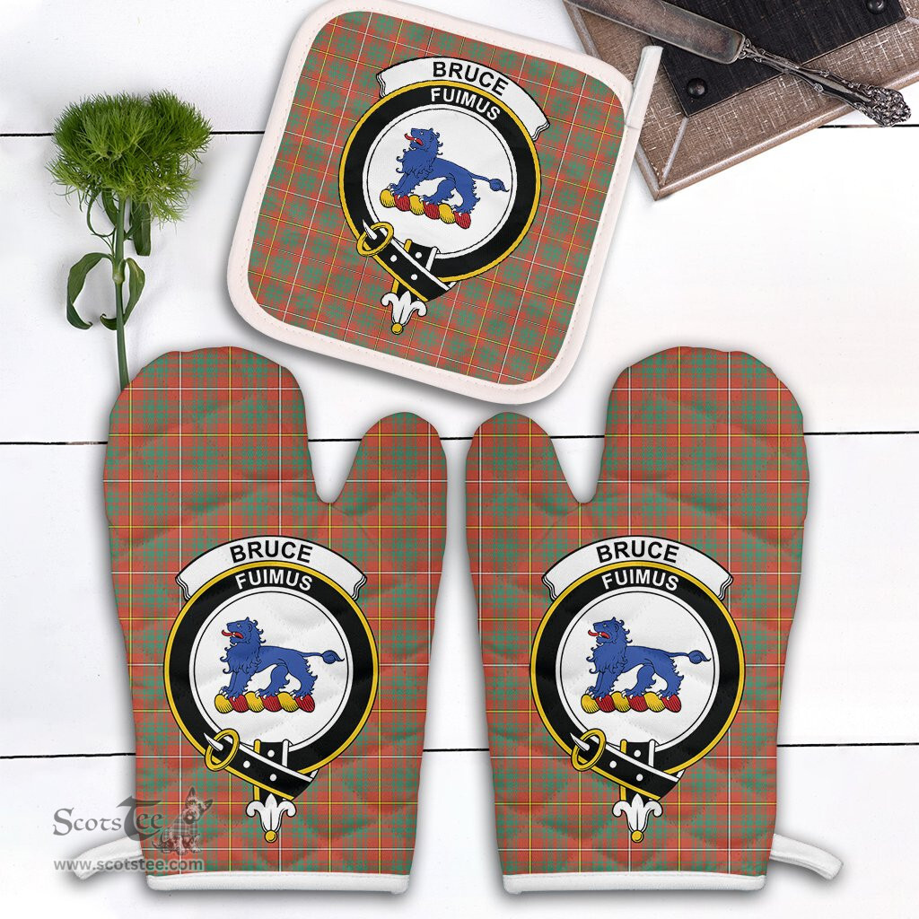 Scottish Bruce Ancient Clan Crest Tartan Oven Mitt And Pot Holder Set (2 Oven Mitts + 1 Pot Holder)