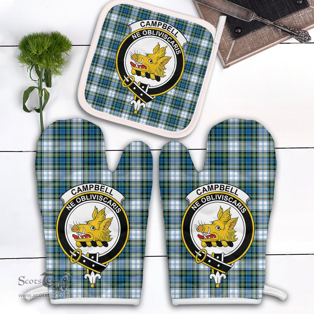 Scottish Campbell Dress Ancient Clan Crest Tartan Oven Mitt And Pot Holder Set (2 Oven Mitts + 1 Pot Holder)