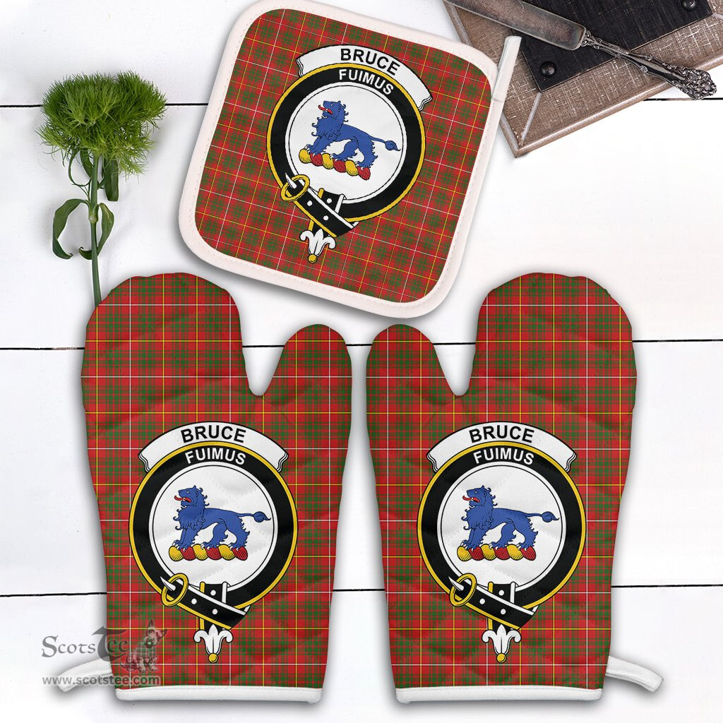 Scottish Bruce Modern Clan Crest Tartan Oven Mitt And Pot Holder Set (2 Oven Mitts + 1 Pot Holder)