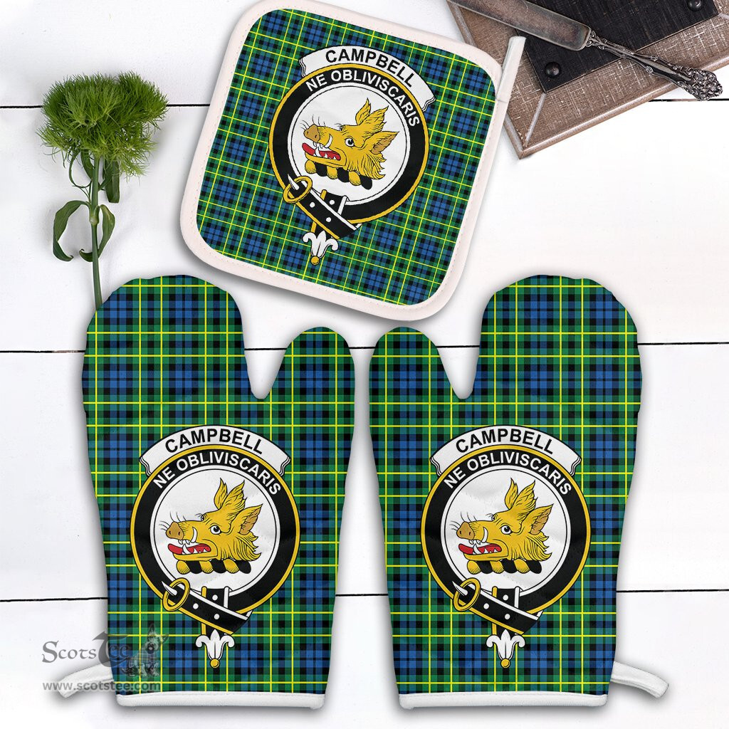 Scottish Campbell Of Breadalbane Ancient Clan Crest Tartan Oven Mitt And Pot Holder Set (2 Oven Mitts + 1 Pot Holder)