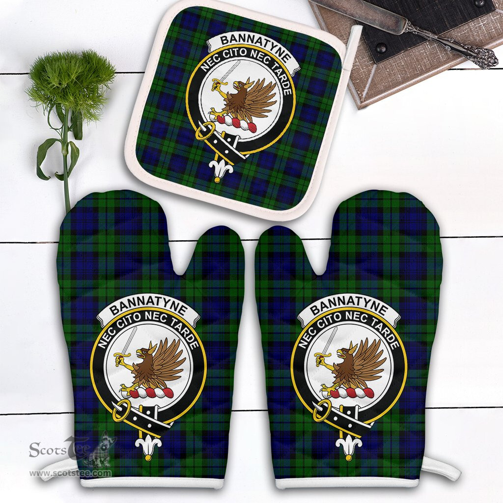 Scottish Bannatyne Clan Crest Tartan Oven Mitt And Pot Holder Set (2 Oven Mitts + 1 Pot Holder)