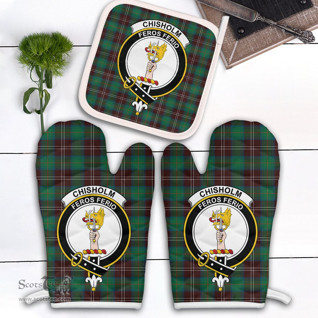 Scottish Chisholm Hunting Ancient Clan Crest Tartan Oven Mitt And Pot Holder Set (2 Oven Mitts + 1 Pot Holder)