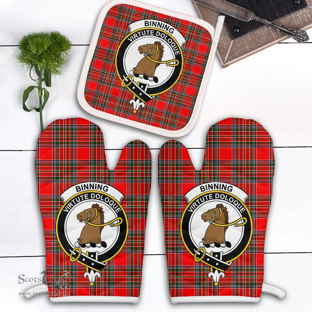 Scottish Binning Clan Crest Tartan Oven Mitt And Pot Holder Set (2 Oven Mitts + 1 Pot Holder)