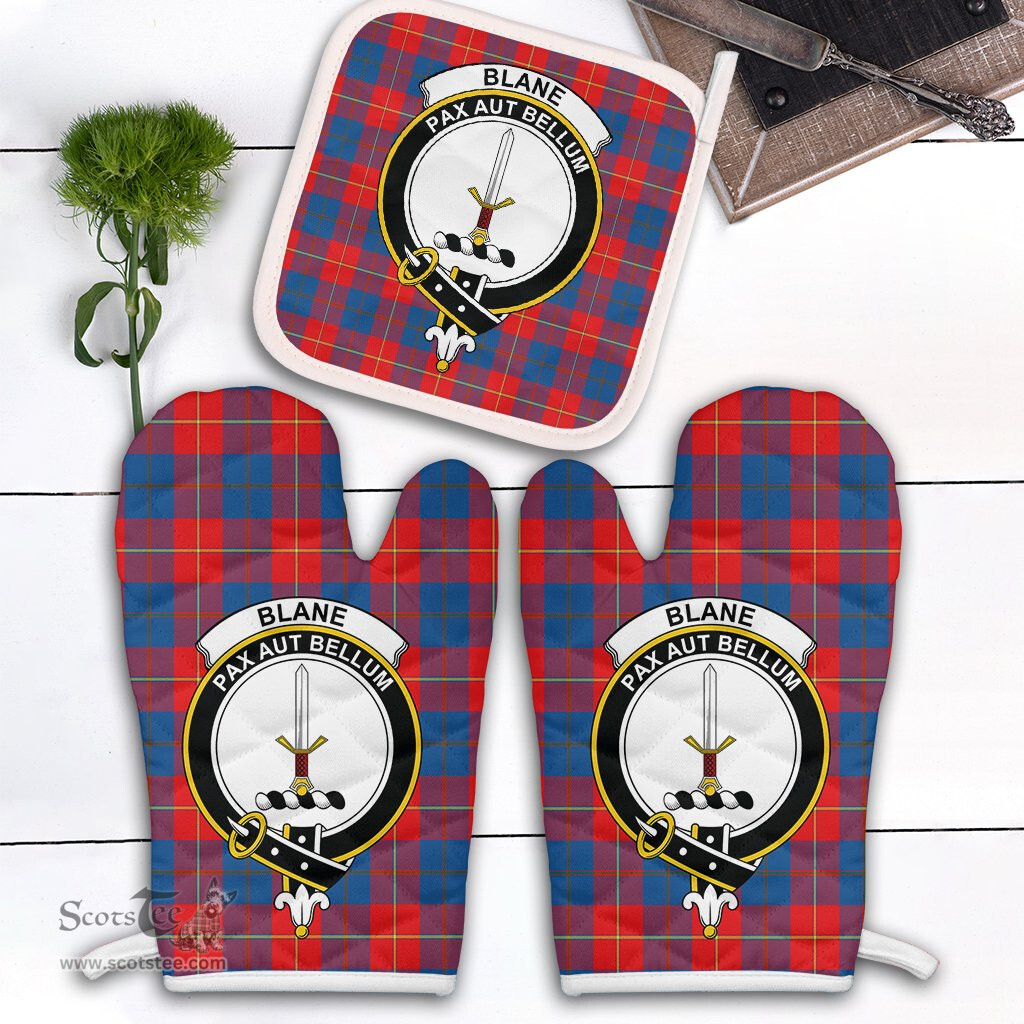 Scottish Blane Clan Crest Tartan Oven Mitt And Pot Holder Set (2 Oven Mitts + 1 Pot Holder)