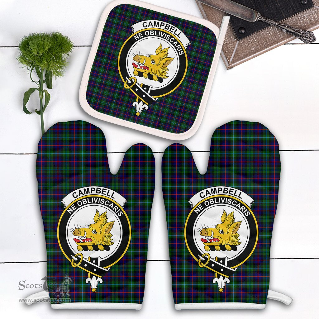 Scottish Campbell Of Cawdor Modern Clan Crest Tartan Oven Mitt And Pot Holder Set (2 Oven Mitts + 1 Pot Holder)
