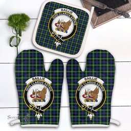 Scottish Baillie Modern Clan Crest Tartan Oven Mitt And Pot Holder Set (2 Oven Mitts + 1 Pot Holder)
