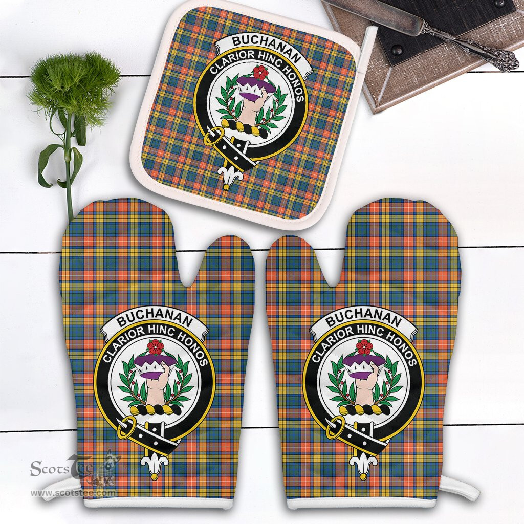 Scottish Buchanan Ancient Clan Crest Tartan Oven Mitt And Pot Holder Set (2 Oven Mitts + 1 Pot Holder)