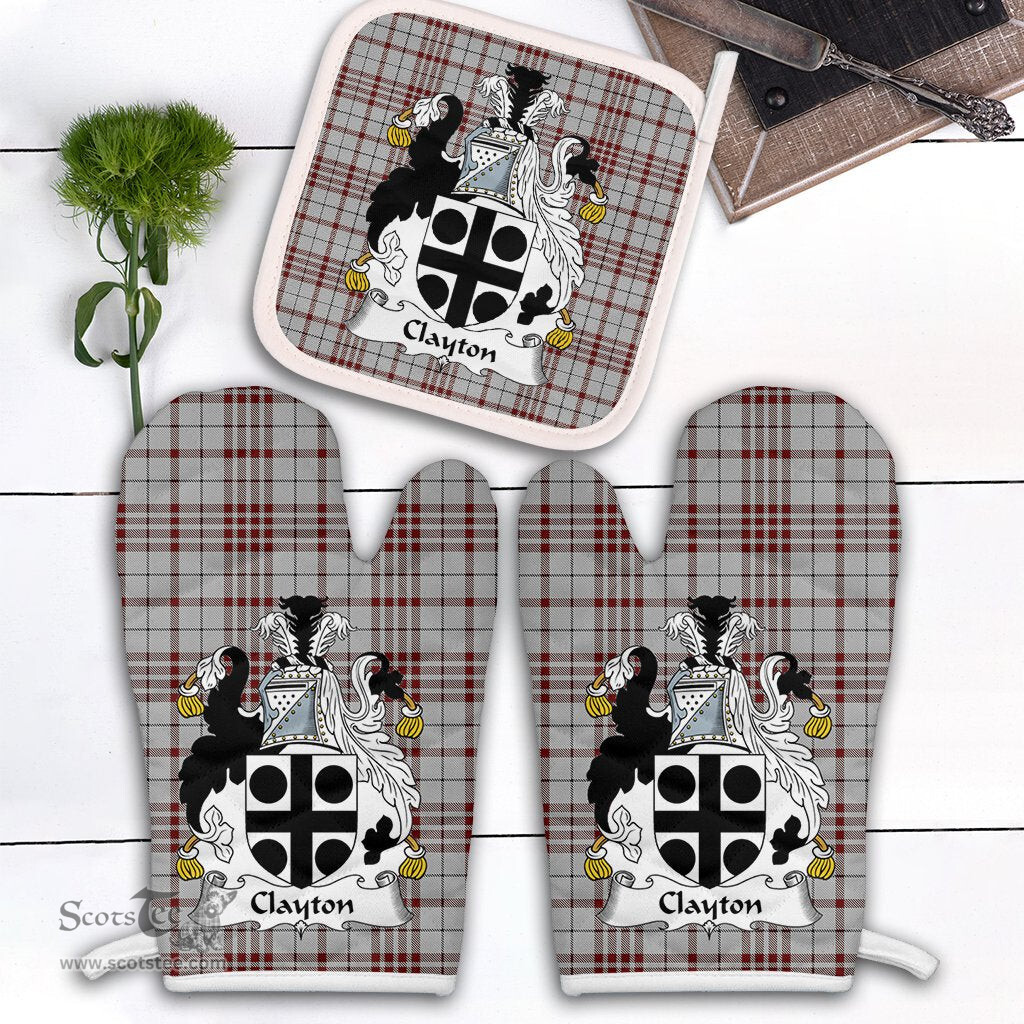 Scottish Clayton Clan Crest Tartan Oven Mitt And Pot Holder Set (2 Oven Mitts + 1 Pot Holder)