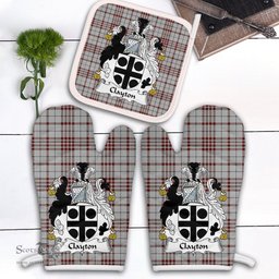 Scottish Clayton Clan Crest Tartan Oven Mitt And Pot Holder Set (2 Oven Mitts + 1 Pot Holder)