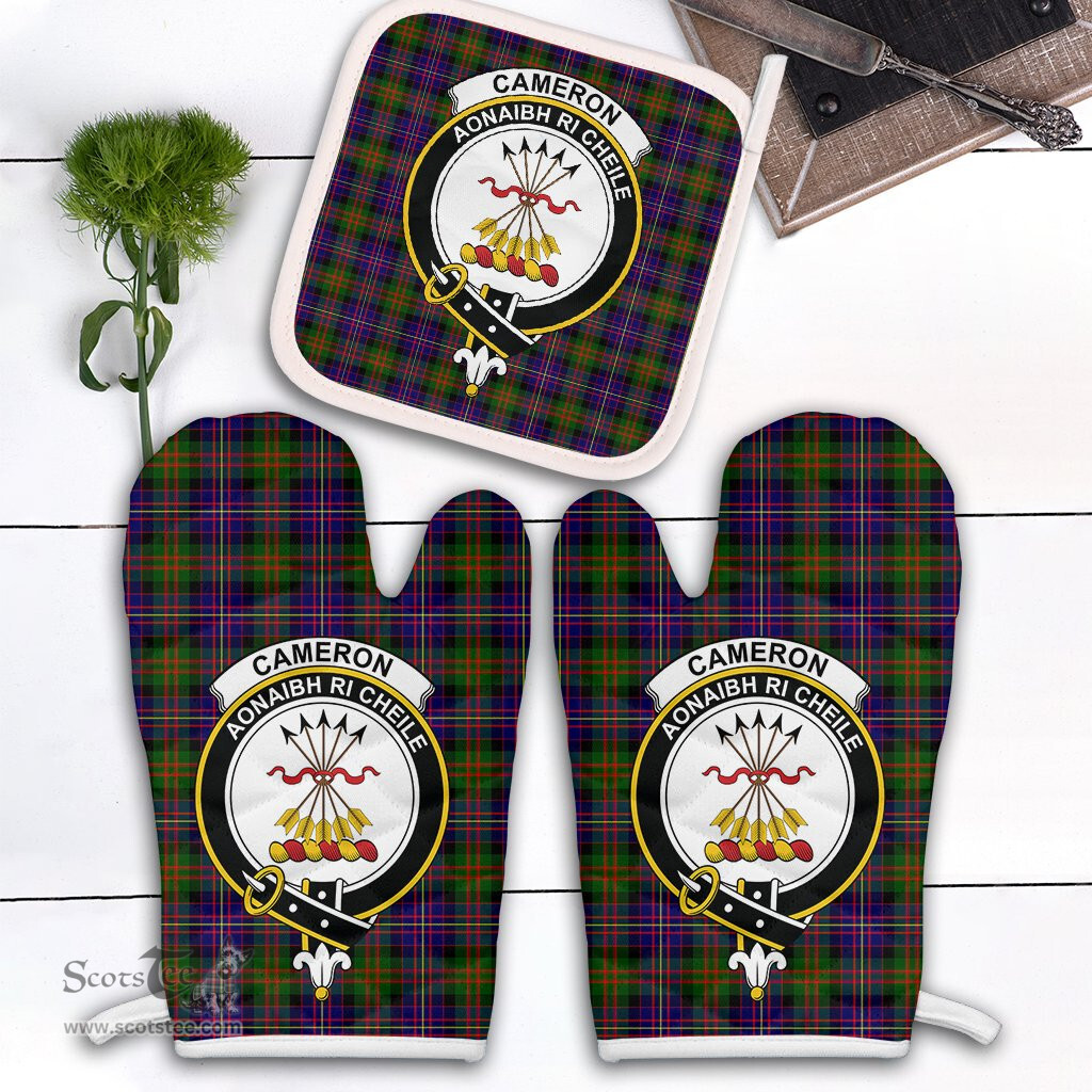 Scottish Cameron Of Erracht Modern Clan Crest Tartan Oven Mitt And Pot Holder Set (2 Oven Mitts + 1 Pot Holder)