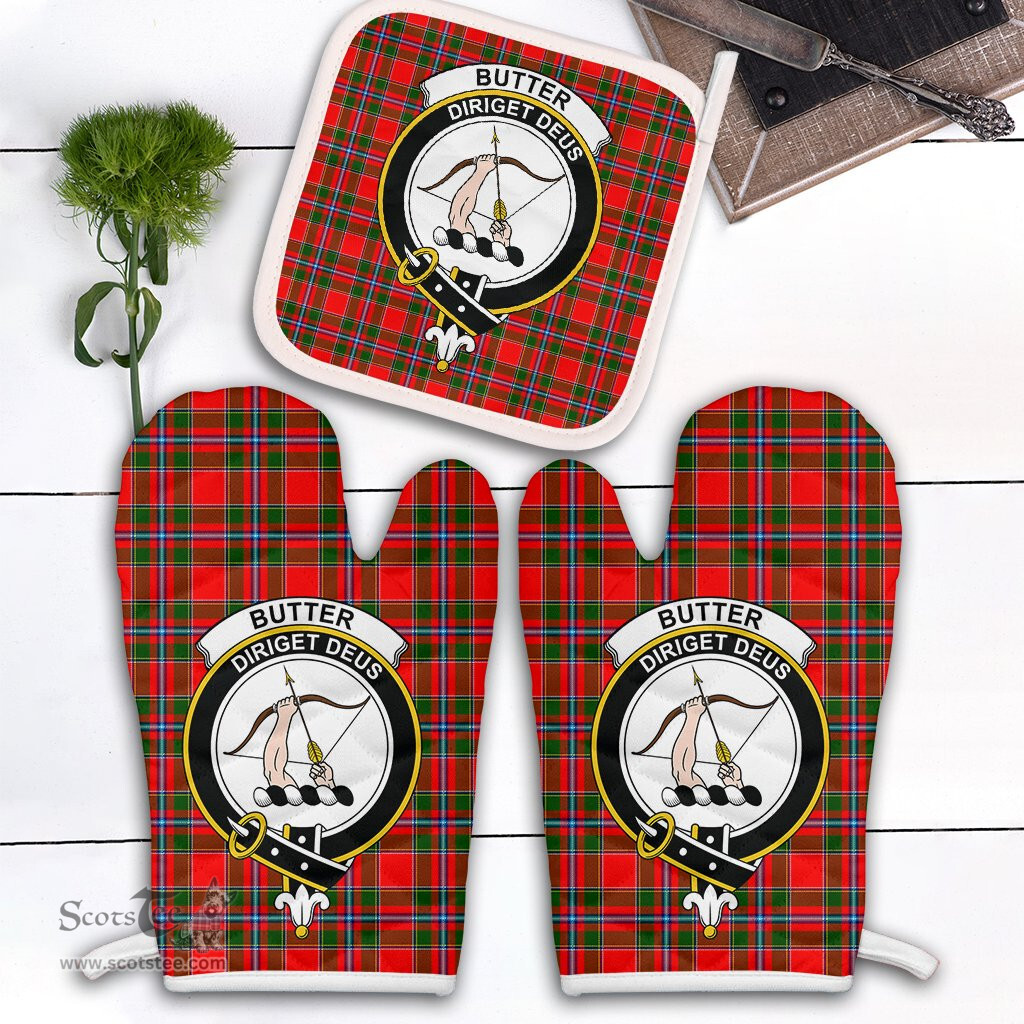 Scottish Butter Clan Crest Tartan Oven Mitt And Pot Holder Set (2 Oven Mitts + 1 Pot Holder)