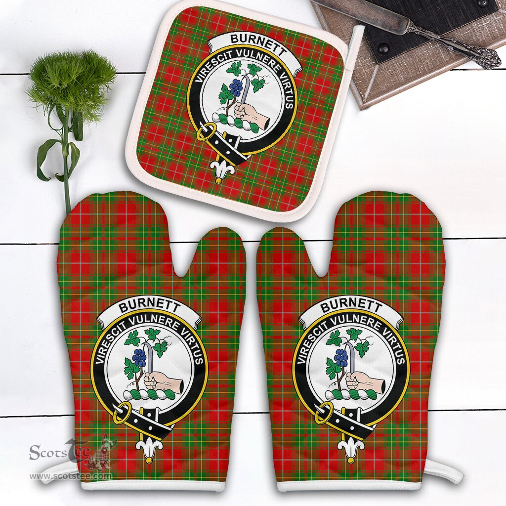 Scottish Burnett Ancient Clan Crest Tartan Oven Mitt And Pot Holder Set (2 Oven Mitts + 1 Pot Holder)