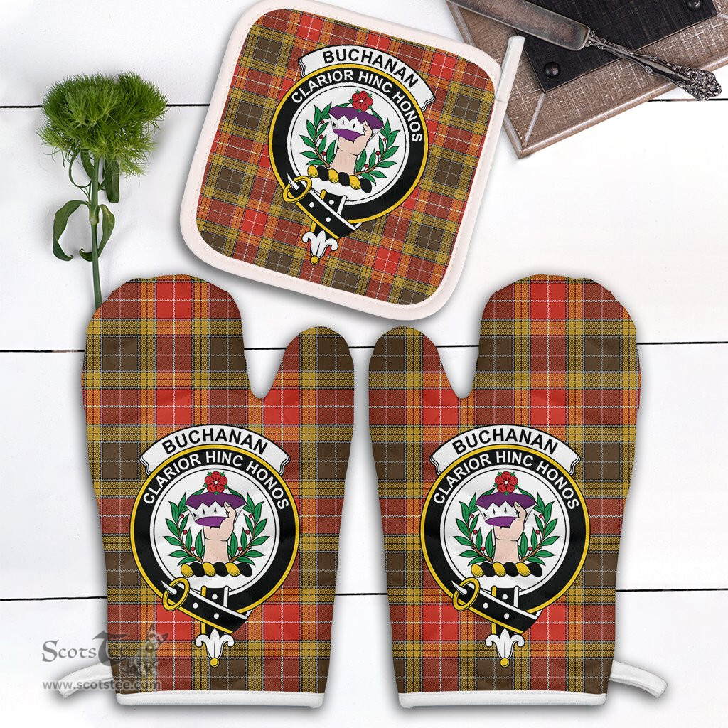 Scottish Buchanan Old Set Weathered Clan Crest Tartan Oven Mitt And Pot Holder Set (2 Oven Mitts + 1 Pot Holder)