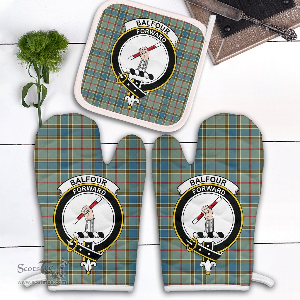 Scottish Balfour Blue Clan Crest Tartan Oven Mitt And Pot Holder Set (2 Oven Mitts + 1 Pot Holder)