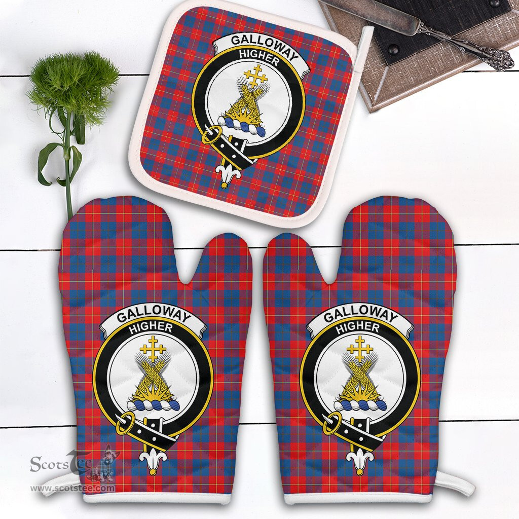 Scottish Galloway Red Clan Crest Tartan Oven Mitt And Pot Holder Set (2 Oven Mitts + 1 Pot Holder)