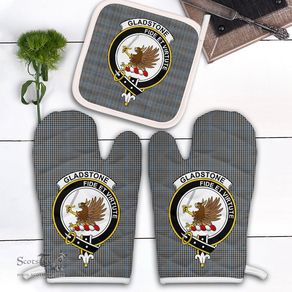 Scottish Gladstone Clan Crest Tartan Oven Mitt And Pot Holder Set (2 Oven Mitts + 1 Pot Holder)