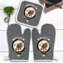 Scottish Gladstone Clan Crest Tartan Oven Mitt And Pot Holder Set (2 Oven Mitts + 1 Pot Holder)