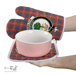 Scottish Hamilton Ancient Clan Crest Tartan Oven Mitt And Pot Holder Set (2 Oven Mitts + 1 Pot Holder)