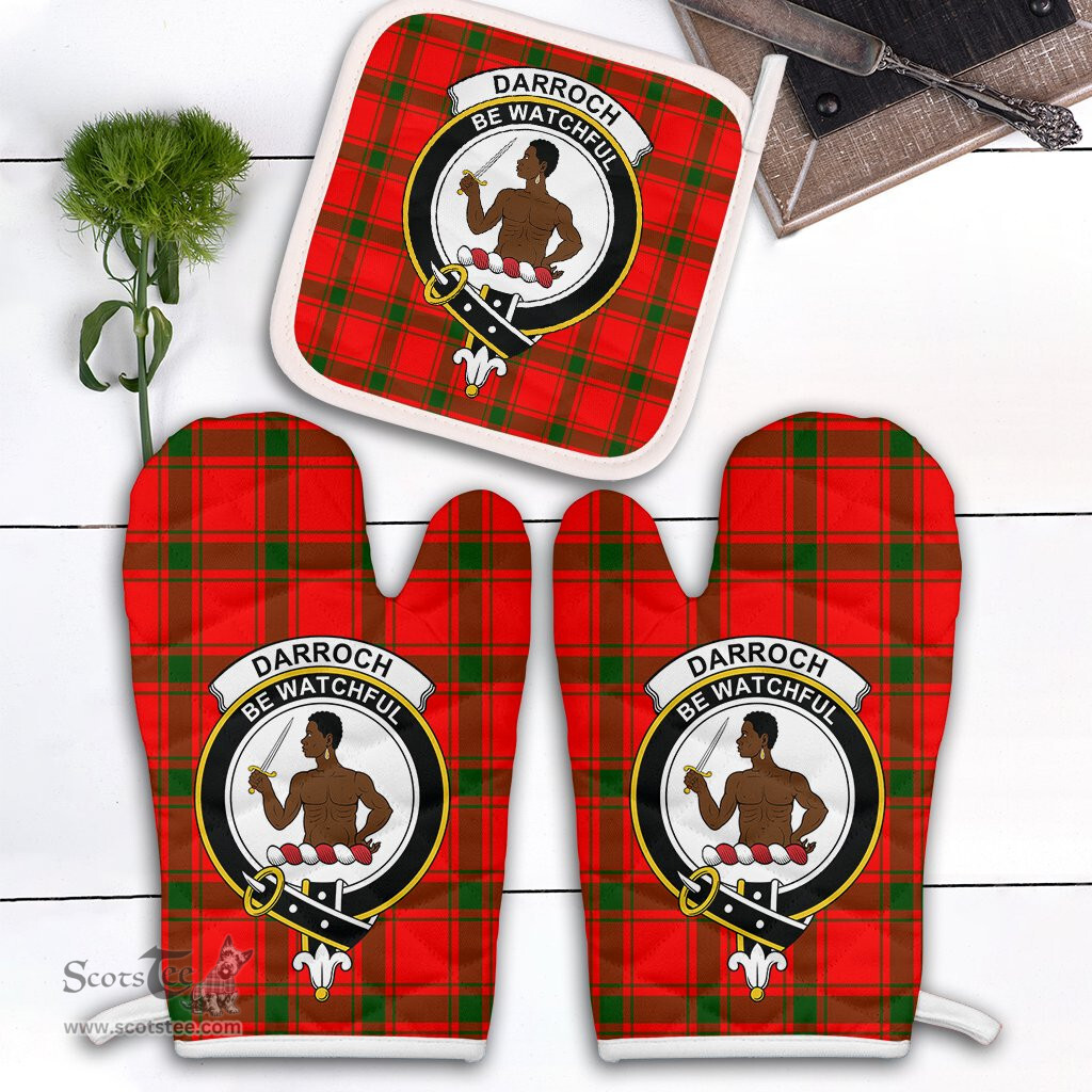 Scottish Darroch Clan Crest Tartan Oven Mitt And Pot Holder Set (2 Oven Mitts + 1 Pot Holder)
