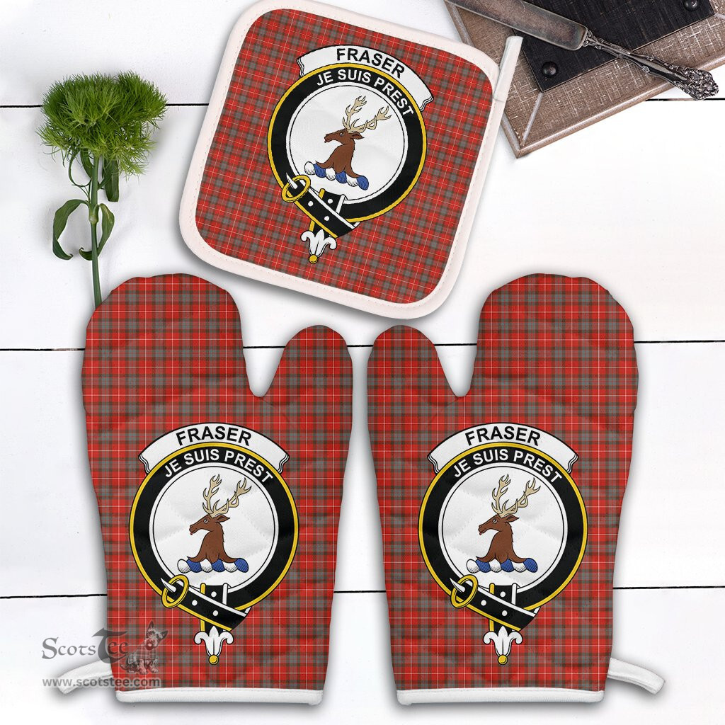 Scottish Fraser Weathered Clan Crest Tartan Oven Mitt And Pot Holder Set (2 Oven Mitts + 1 Pot Holder)