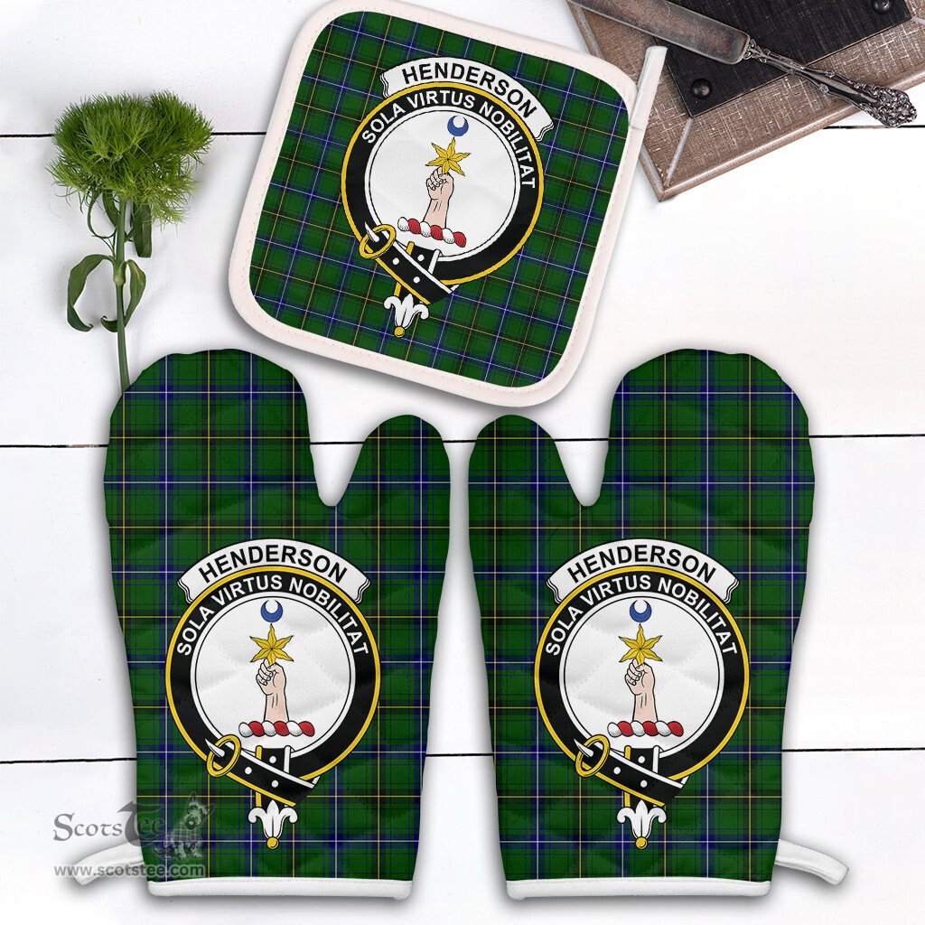 Scottish Henderson Modern Clan Crest Tartan Oven Mitt And Pot Holder Set (2 Oven Mitts + 1 Pot Holder)