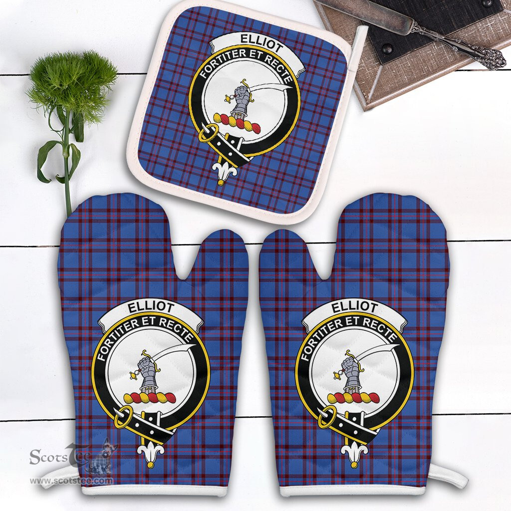 Scottish Elliot Modern Clan Crest Tartan Oven Mitt And Pot Holder Set (2 Oven Mitts + 1 Pot Holder)