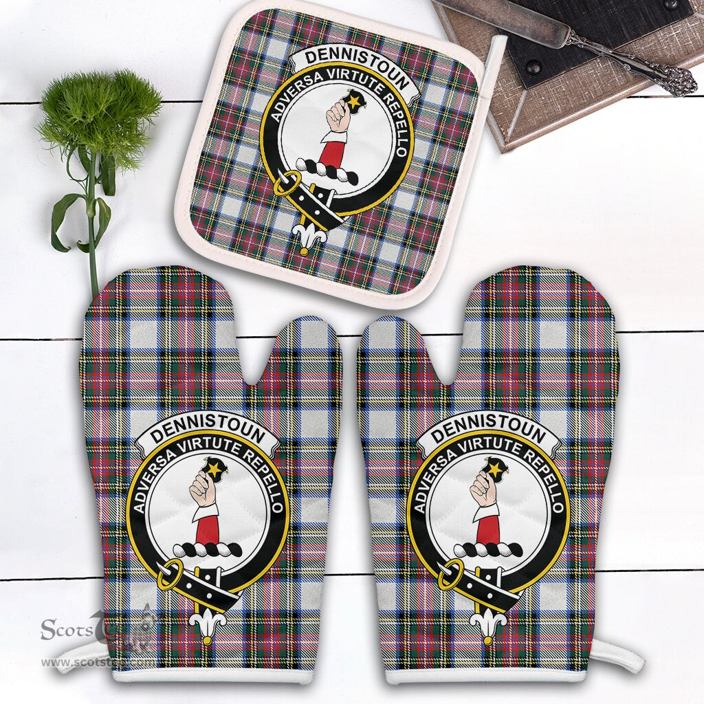 Scottish Dennistoun Clan Crest Tartan Oven Mitt And Pot Holder Set (2 Oven Mitts + 1 Pot Holder)