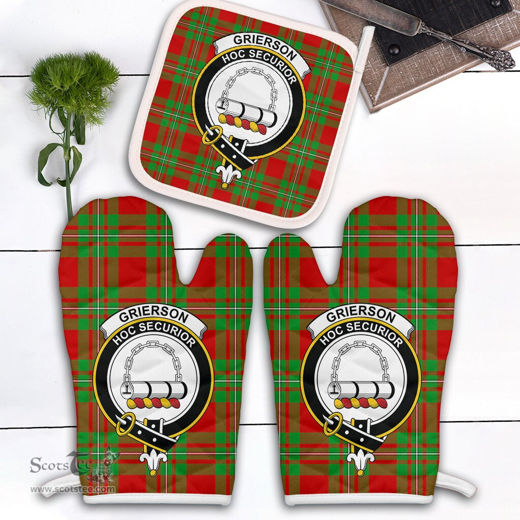 Scottish Grierson Clan Crest Tartan Oven Mitt And Pot Holder Set (2 Oven Mitts + 1 Pot Holder)