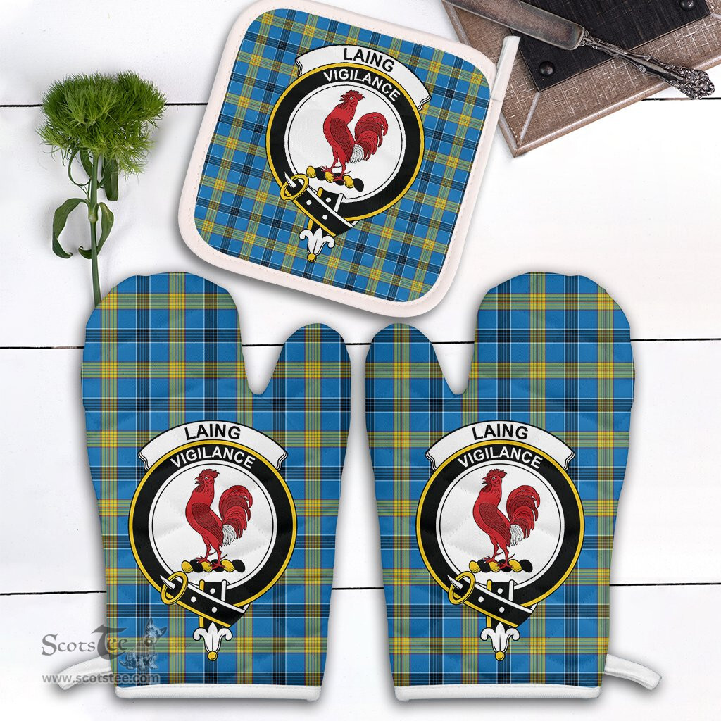 Scottish Laing Clan Crest Tartan Oven Mitt And Pot Holder Set (2 Oven Mitts + 1 Pot Holder)