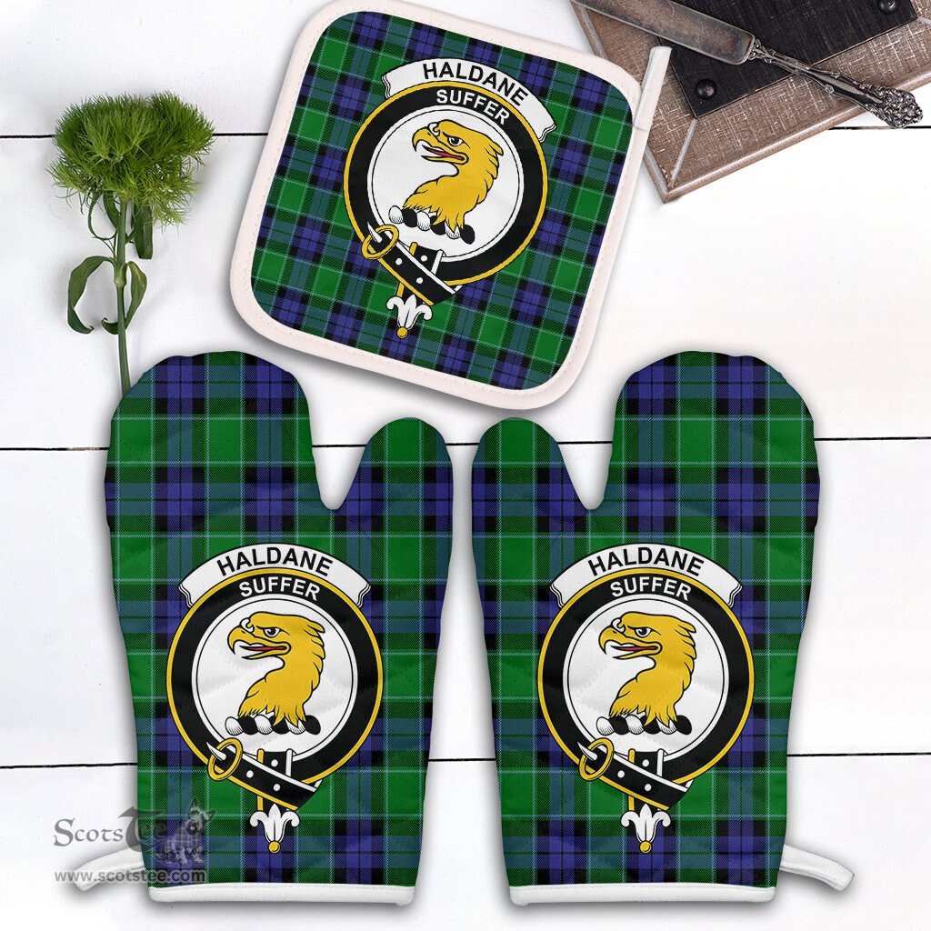 Scottish Haldane Clan Crest Tartan Oven Mitt And Pot Holder Set (2 Oven Mitts + 1 Pot Holder)