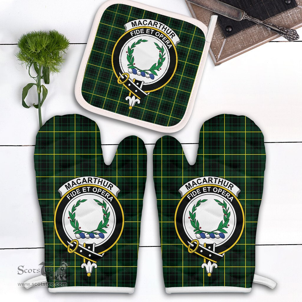 Scottish MacArthur Modern Clan Crest Tartan Oven Mitt And Pot Holder Set (2 Oven Mitts + 1 Pot Holder)