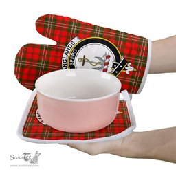 Scottish Langlands Clan Crest Tartan Oven Mitt And Pot Holder Set (2 Oven Mitts + 1 Pot Holder)