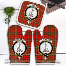 Scottish Langlands Clan Crest Tartan Oven Mitt And Pot Holder Set (2 Oven Mitts + 1 Pot Holder)