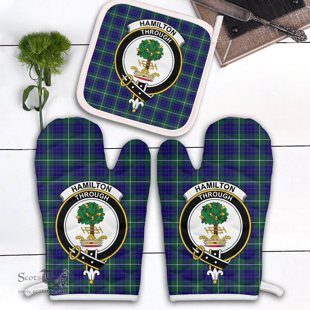 Scottish Hamilton Hunting Modern Clan Crest Tartan Oven Mitt And Pot Holder Set (2 Oven Mitts + 1 Pot Holder)