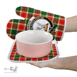 Scottish Gibson Clan Crest Tartan Oven Mitt And Pot Holder Set (2 Oven Mitts + 1 Pot Holder)