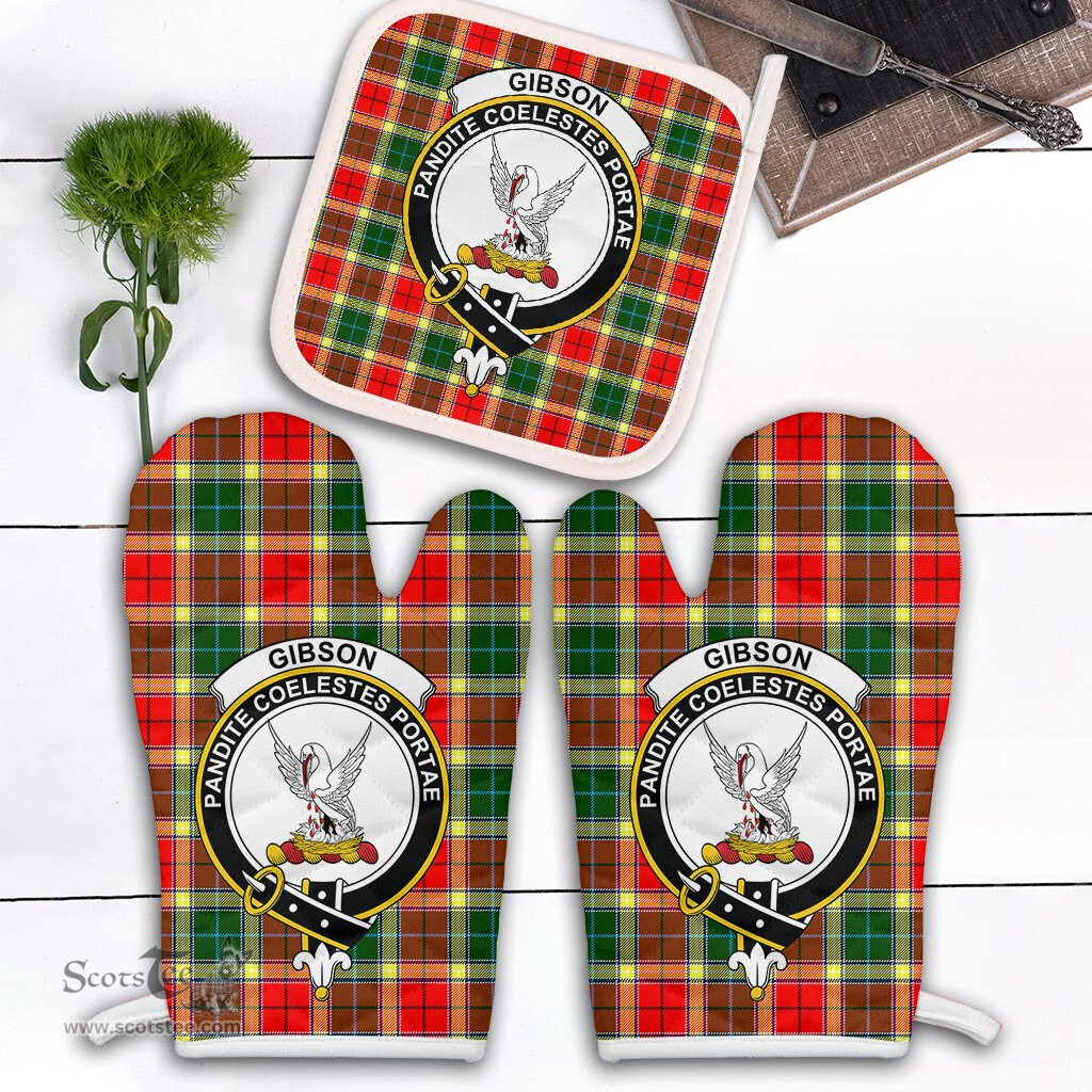 Scottish Gibson Clan Crest Tartan Oven Mitt And Pot Holder Set (2 Oven Mitts + 1 Pot Holder)