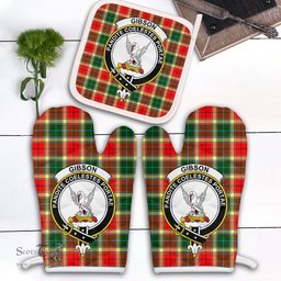 Scottish Gibson Clan Crest Tartan Oven Mitt And Pot Holder Set (2 Oven Mitts + 1 Pot Holder)