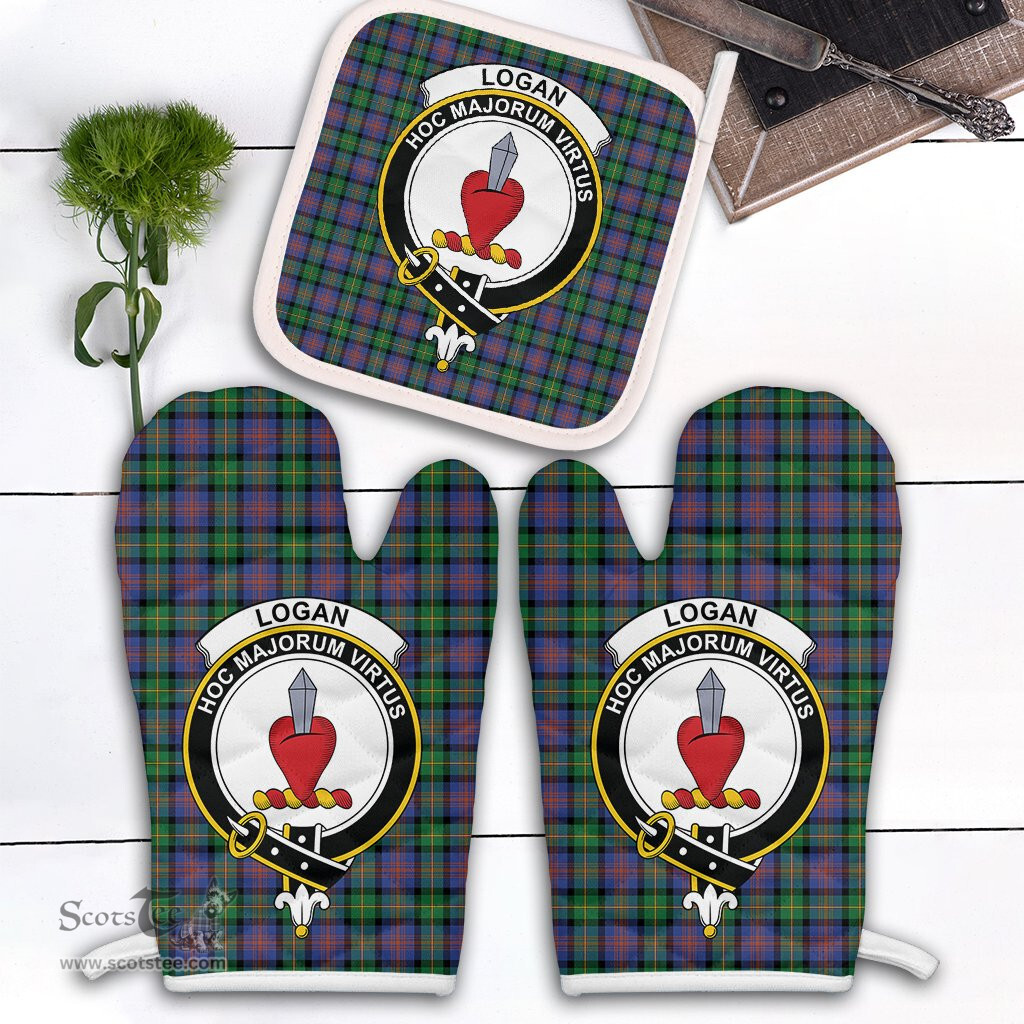 Scottish Logan Ancient Clan Crest Tartan Oven Mitt And Pot Holder Set (2 Oven Mitts + 1 Pot Holder)