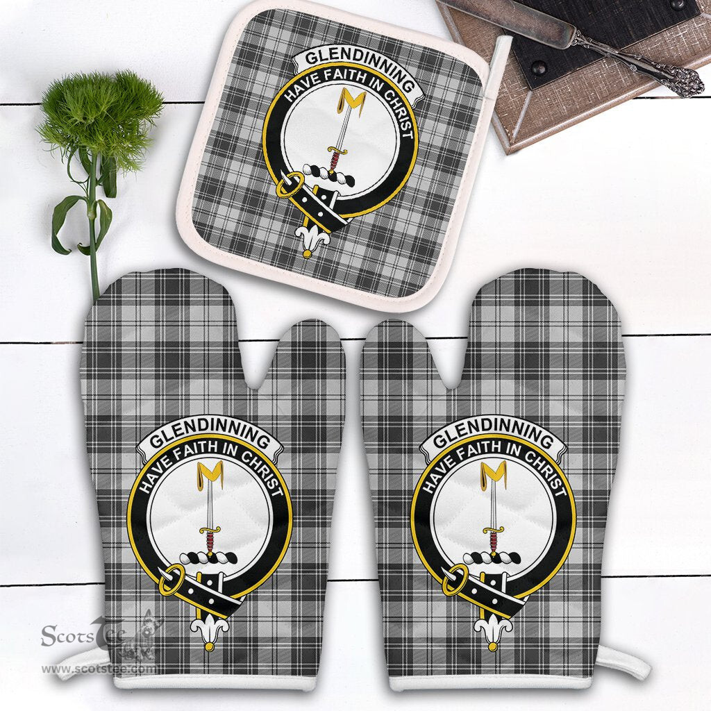 Scottish Glendinning Clan Crest Tartan Oven Mitt And Pot Holder Set (2 Oven Mitts + 1 Pot Holder)