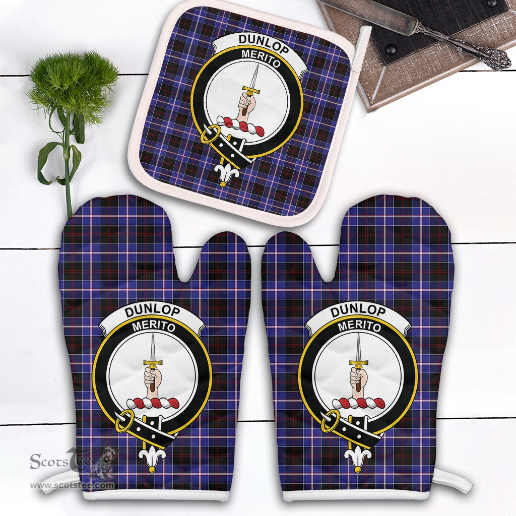 Scottish Dunlop Modern Clan Crest Tartan Oven Mitt And Pot Holder Set (2 Oven Mitts + 1 Pot Holder)