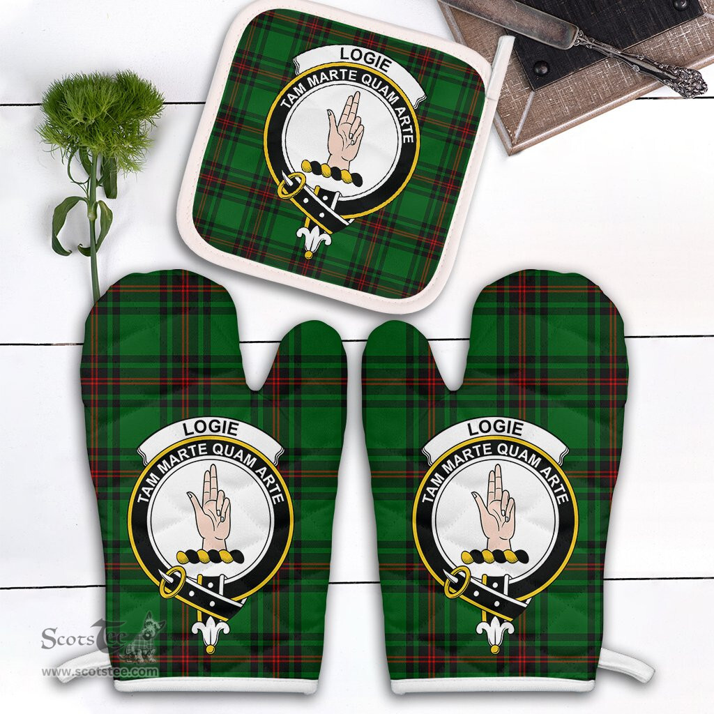 Scottish Logie Clan Crest Tartan Oven Mitt And Pot Holder Set (2 Oven Mitts + 1 Pot Holder)