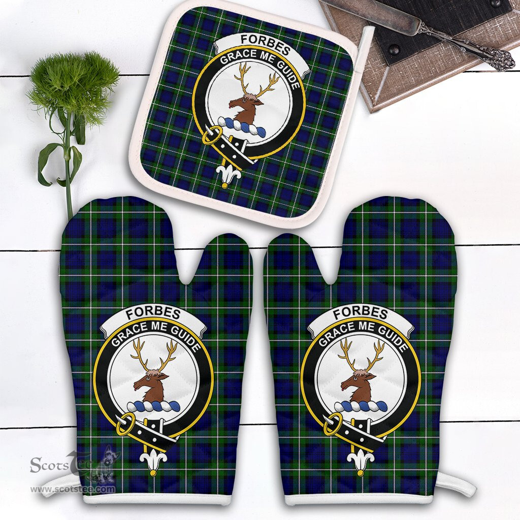 Scottish Forbes Modern Clan Crest Tartan Oven Mitt And Pot Holder Set (2 Oven Mitts + 1 Pot Holder)